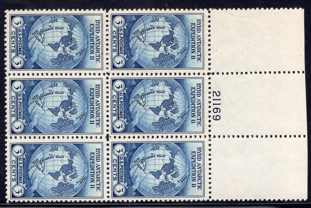 #753 3 cent Byrd plate block. PL#21169 VF No gum as issued. Full top. Mint US Stamp