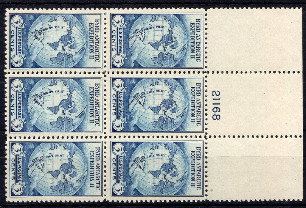 #753 3 cent Byrd plate block. PL#21168 VF No gum as issued. Full top. Mint US Stamp