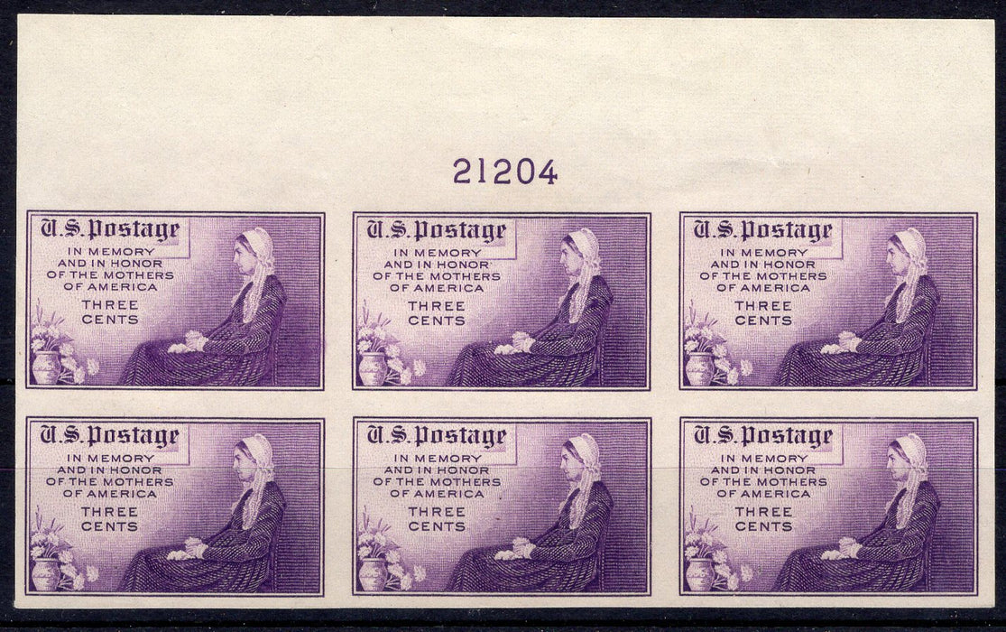 #754 3 cent Mothers Day plate block. PL#21204 XF No gum as issued. Full top Mint US Stamp