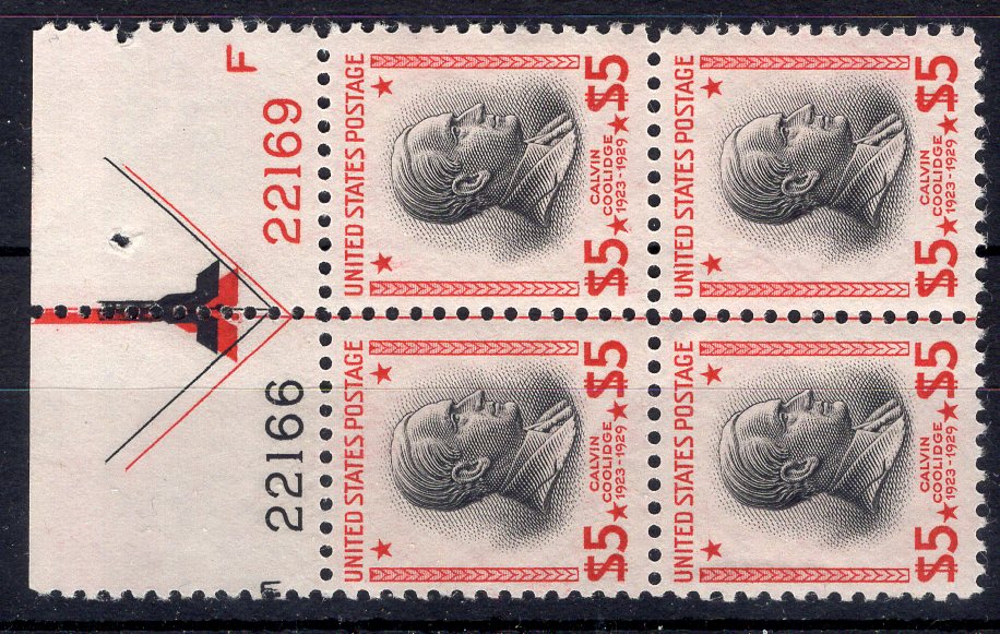 #834 $5.00 Cooledge plate block. PL#22166, 22169 Plus arrow. Nice plate. VF NH Mint US Stamp