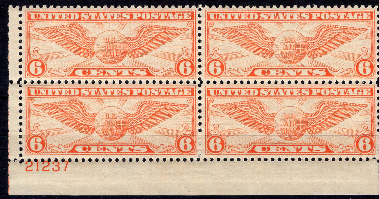 #C19 6 cent Winged Globe plate block. PL#21237 F/VF NH Mint US Stamp