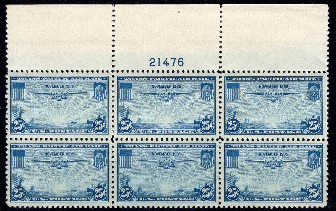 #C20 25 cent Clipper plate block. PL#21476 XF NH Mint US Stamp