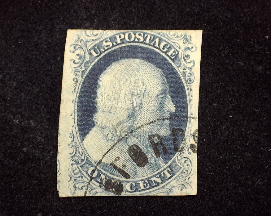 #7 1 cent Blue Four margin stamp with great color and faint cancel. Vertical crease. VF Used US Stamp